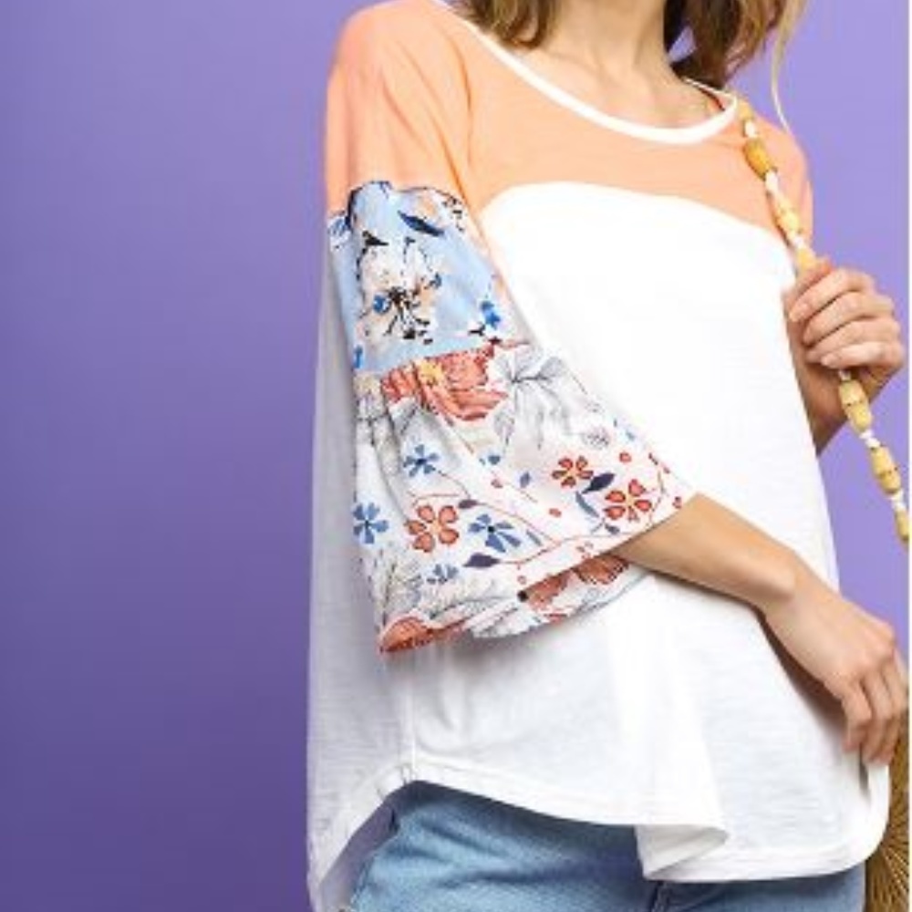 Coral & Cream Bell Sleeve Top
